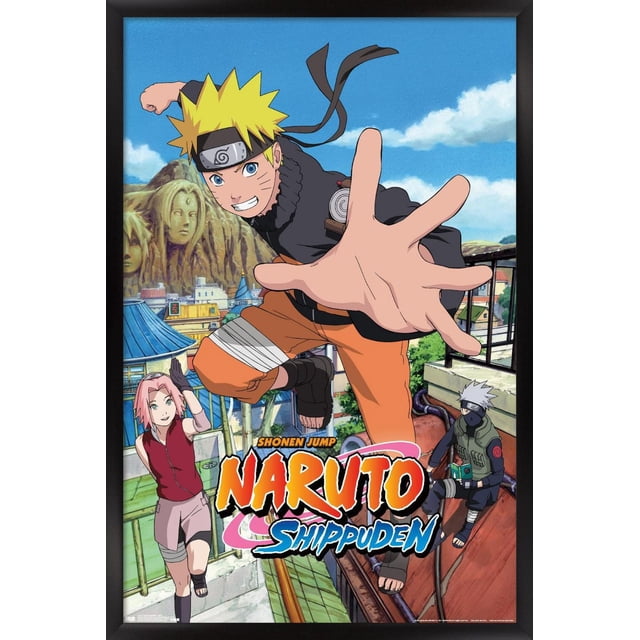 Naruto Shippuden - Affiche Murale « Jump », 22,375 Po x 34 Po Mettant en Vedette des Personnages d'Anime en poses Dynamiques sur un Toit avec des Bâtiments de village et un Fond de Ciel Bleu, Imprimée sur Papier Lustré par Trends International, Convient comme art Mural vibrant et Déco de Pièce.