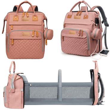 P@B PBell Baby Diaper Bags with Changing Station, Waterproof Diaper Bag Backpack for Moms Dads with USB Charging Port, Baby (Pink)
