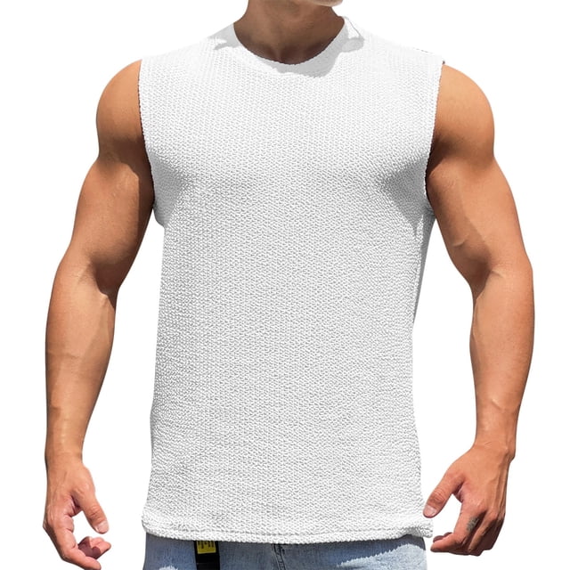 BADHUB Mens Muscle Tank Tops Cearance Textures Sleevleless Crew Neck Shirts Workout Gym Summer Vest White M