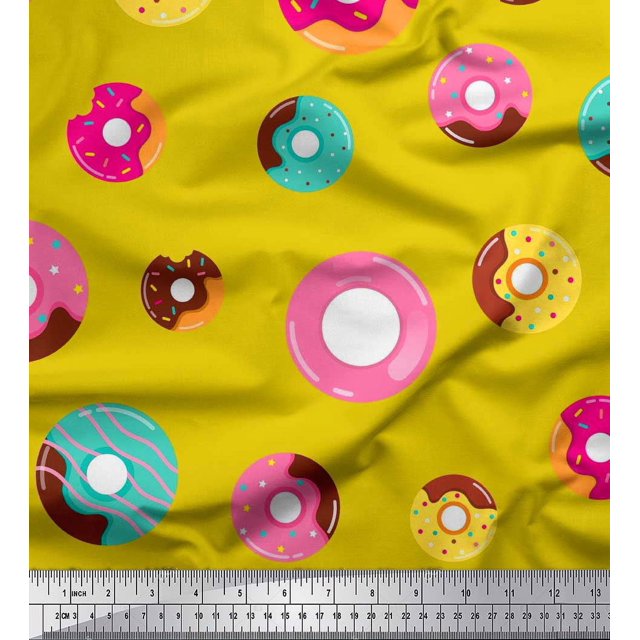 Soimoi Yellow Modal Satin Fabric Donuts Food Printed Fabric 1 Yard 42 Inch Wide
