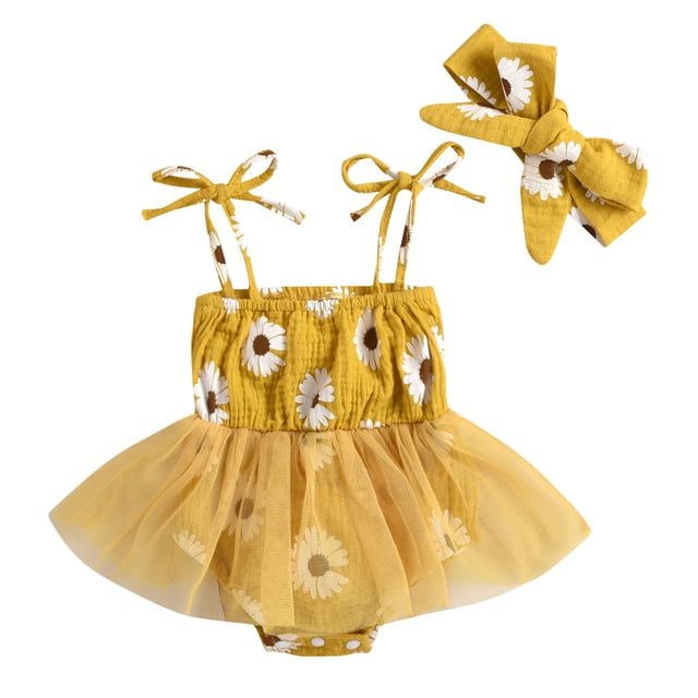 MIASHUI Barboteuse Sans Manches à Imprimé Floral pour Filles, Robe Tutu en Maille avec Bandeaux, Jaune, 6-12 Mois