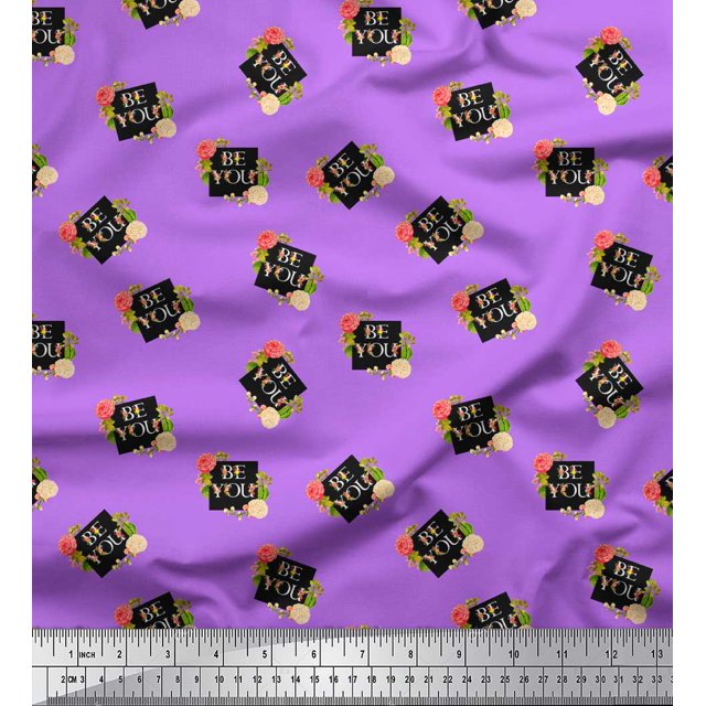 Soimoi Purple Cotton Duck Fabric Floral & Be You Text Decor Fabric Printed BTY 56 Inch Wide