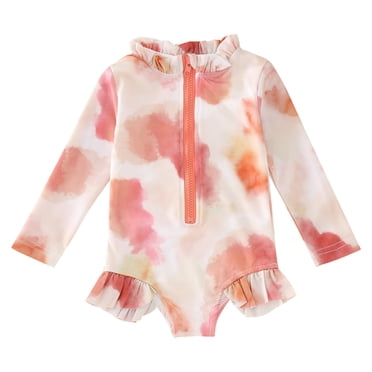 TIWEKE One Piece Bathing Suit,Summer Toddler Girls Long Sleeve Ruffles Colour Tie Dye Gradient Prints 1 Piece Swimwear Beach Onesie Swimsuit Bikini Summer Bathing Suits 2-3 Years
