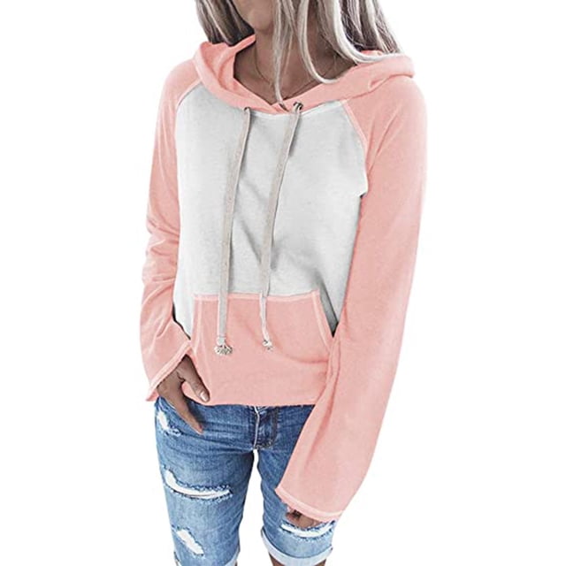 Chemisier pour Femme à Manches Longues, Manches Raglan à Coutures, Poches Contrastantes, Encolure à Capuche, Chandail Côtelé