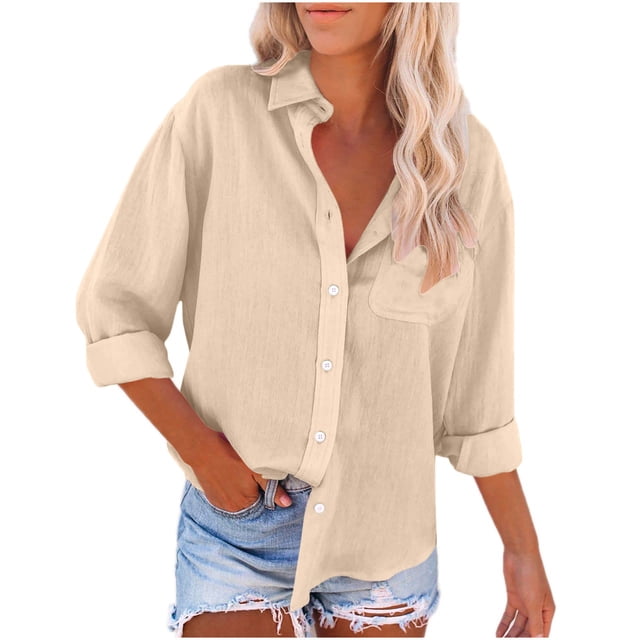 Timegard Button down Shirts for Women Cotton Linen Lapel Neck Blouse Lightweight Fall Casual Loose Tops