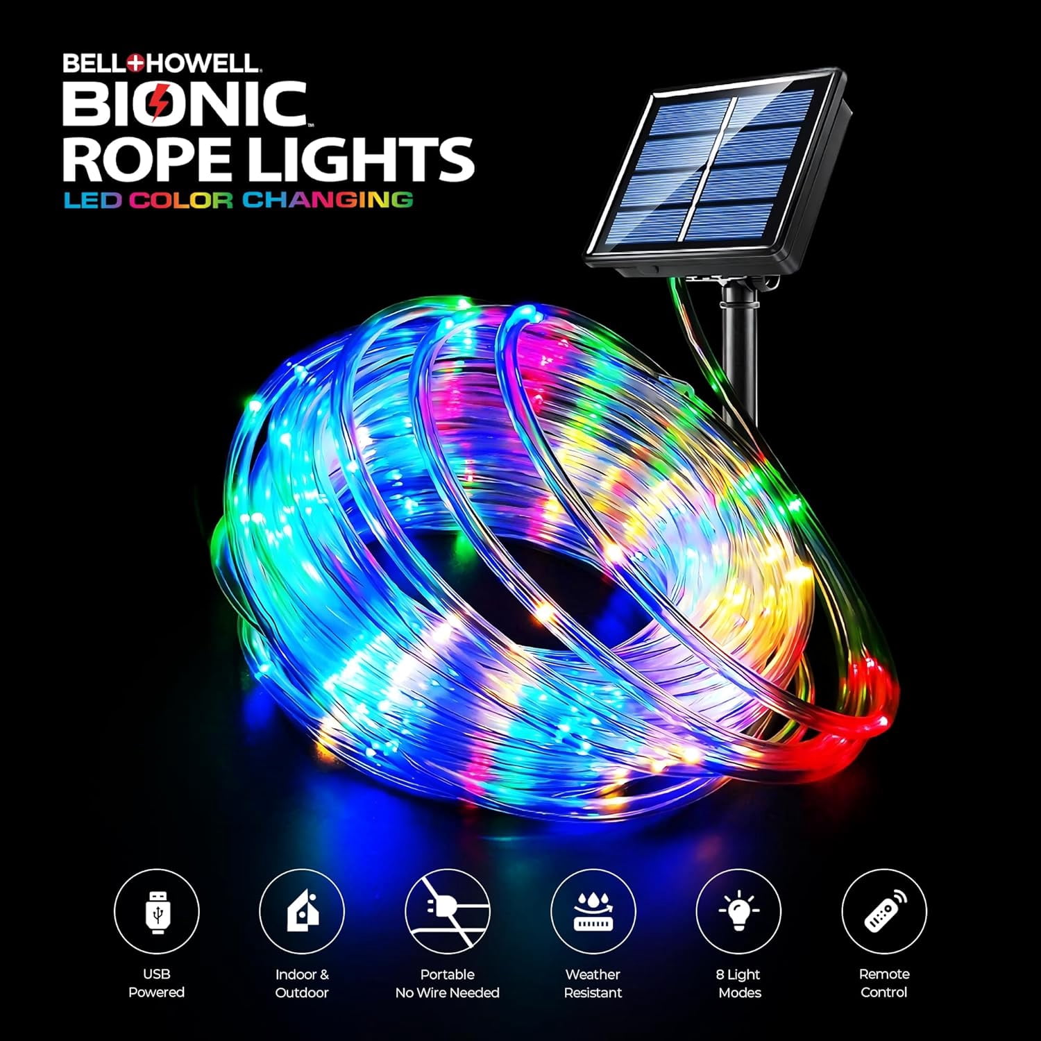 Bell + Howell Bionic 50 Pi. Guirlande Lumineuse à Énergie Solaire et USB Changeant de Couleur