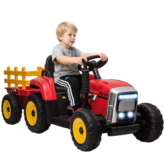 Aosom 12V Kids Ride on Tractor w/ Trailer, Music Start up Sound, Red