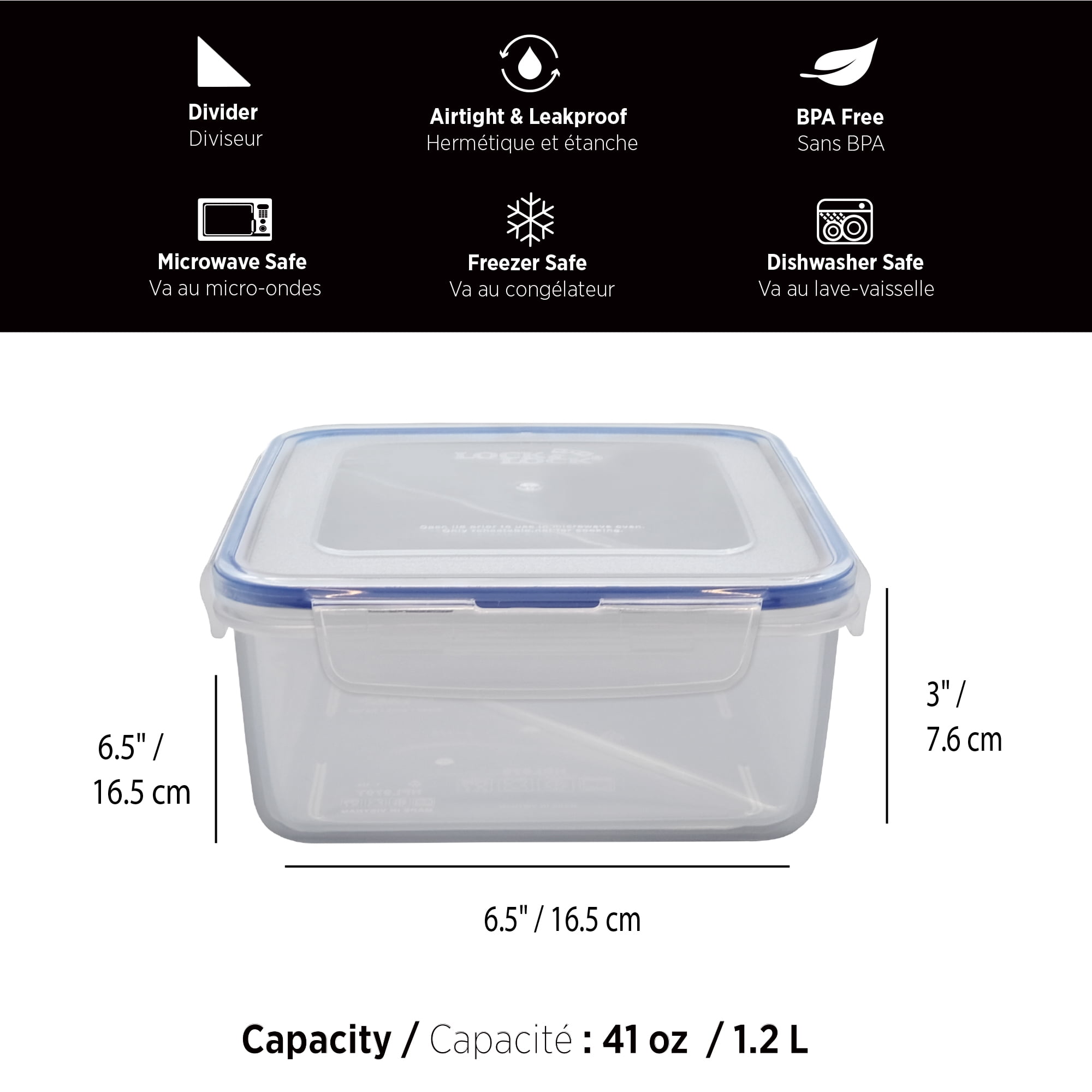 Starfrit Locknlock Divided Food Storage Container, Capacity of 41oz / 1.2L, Removable Triangular Divider