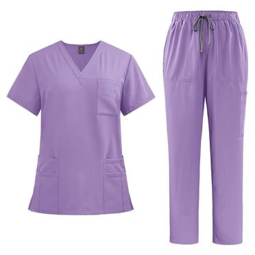 Amzcrzy Scrubs for Women Set Solid Color Short Sleeve V Neck Scrubs Tops Jogger Scrub Pants for Women Casual Cozy Oversized Work Scrubs Sets with Pockets