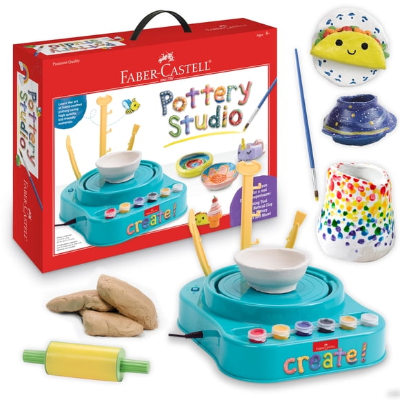 Faber-Castell Studio de Poterie - Tour de Poterie Complète et Trousse de Peinture pour Débutants, 3 Lb d'Argile à Sculpter et d'Outils (8 Ans et +)