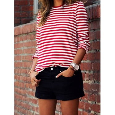 T-shirt à Manches Longues Rayé Rouge et Blanc pour Femmes, Coton, Coupe Ample, Basique, Col Rond, Hauts, Tee, Automne, Chandails, Nouveau