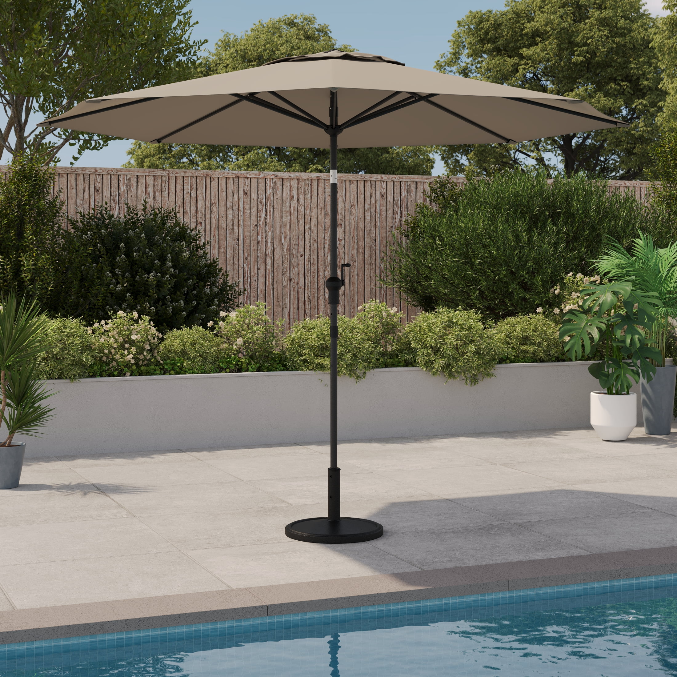 HOMETRENDS 9 ft. Round Push-Up Market Patio Umbrella, Weathered Teak