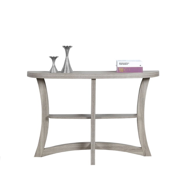 Monarch Specialties Accent Table console in brown laminate with a contemporary half moon shape and curved base, featuring two tiers including an open bottom shelf for display or storage, styled with silver vases and stacked books, ideal for entryway or living room spaces.