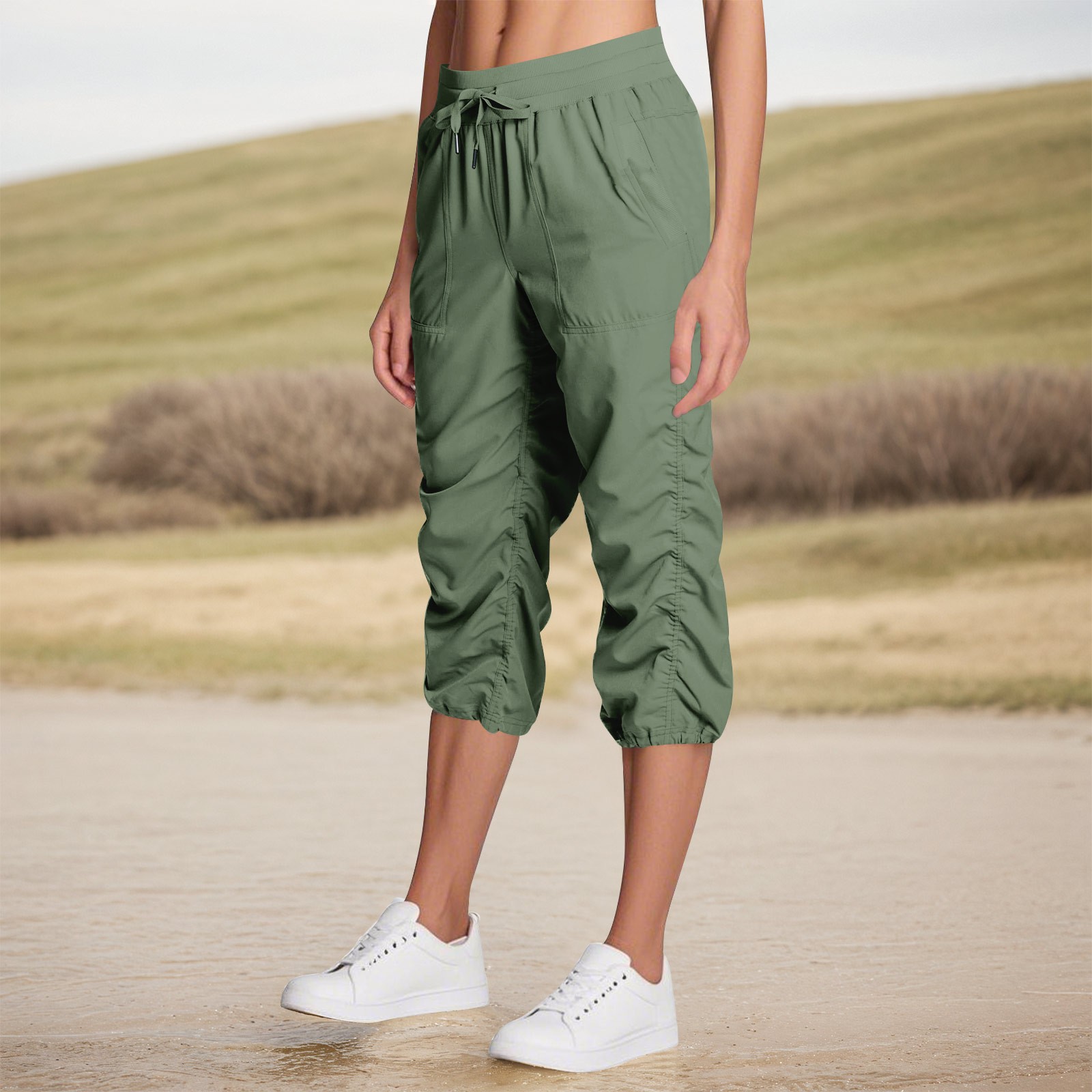 Women's Workout Capris Cinch Bottom Adjustable Breathable Cargo Pants Drawstring Elastic Waist Quick Dry Pull on Cropped Pants with Pockets Army Green S