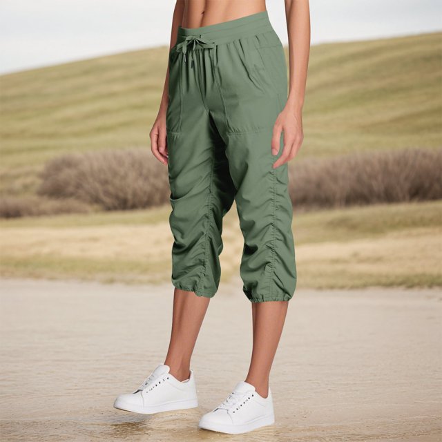 Women's Workout Capris Cinch Bottom Adjustable Breathable Cargo Pants Drawstring Elastic Waist Quick Dry Pull on Cropped Pants with Pockets Army Green S