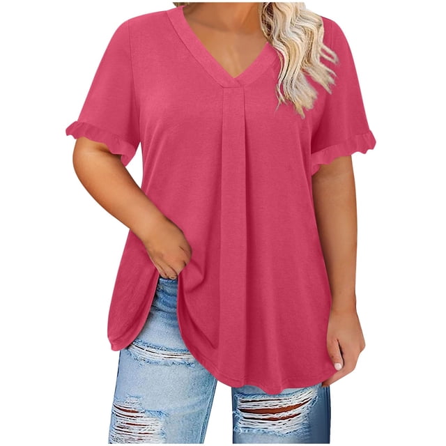 Chbgutlmr Womens Shirts Plus Size V Neck Ruffle Short Sleeve Ruched Blouse Loose Comfy Summer Casual Tops