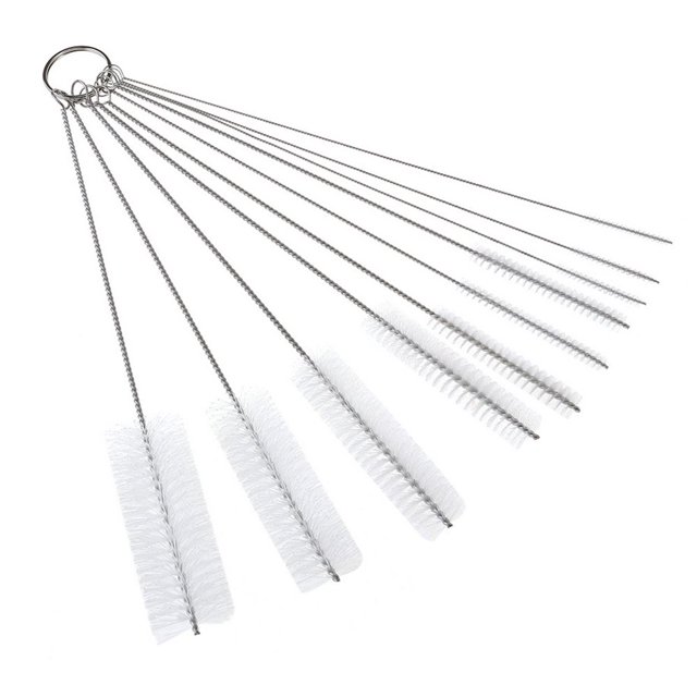 10Pcs Nylon Straw Brush Cleaner Bottle Tube Pipe Small Long Cup Kitchen Bath Home Cleaning Set with stainless steel handles and nylon bristles. Includes cleaning brushes of varying diameters from 2 mm to 24 mm, ideal for household cleaning supplies and hard-to-reach areas. Brushes are attached to a metal ring for convenient storage.