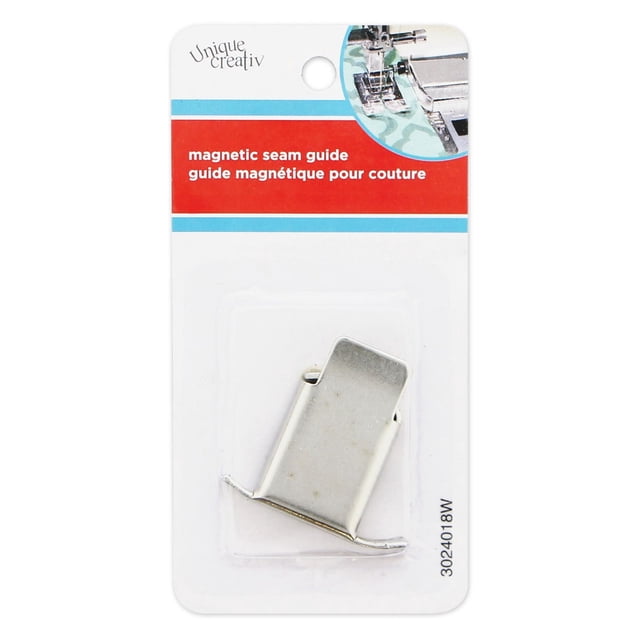 Unique Creativ Magnetic Seam Guide, silver-tone adjustable metal clip with magnet for mechanical sewing machines, guides 1/4 to 1/2 inch seam allowances for straighter, repeatable seams, shown on white packaging with red and blue accents.
