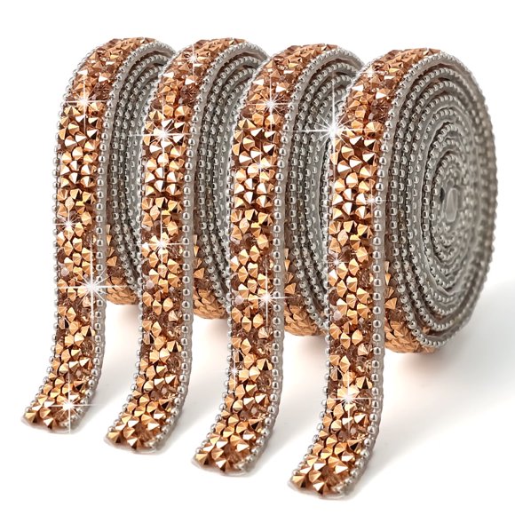 4 Rolls 1cm Wide Rose Gold Self-Adhesive Rhinestone Ribbon – Bling Resin Crystal Trim Tape for DIY Art Gift Wedding Party Decor--