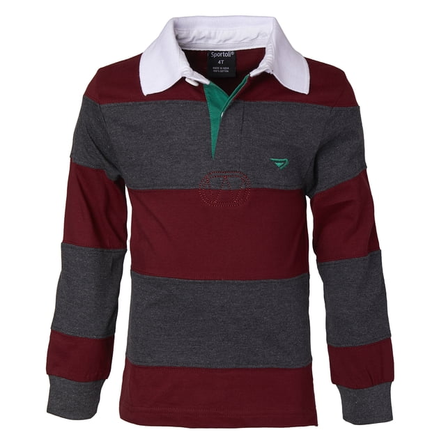 Sportoli Big Boys 100% Cotton Wide Striped Long Sleeve Polo Rugby Shirt - Burgundy/charcoal (Size 18)
