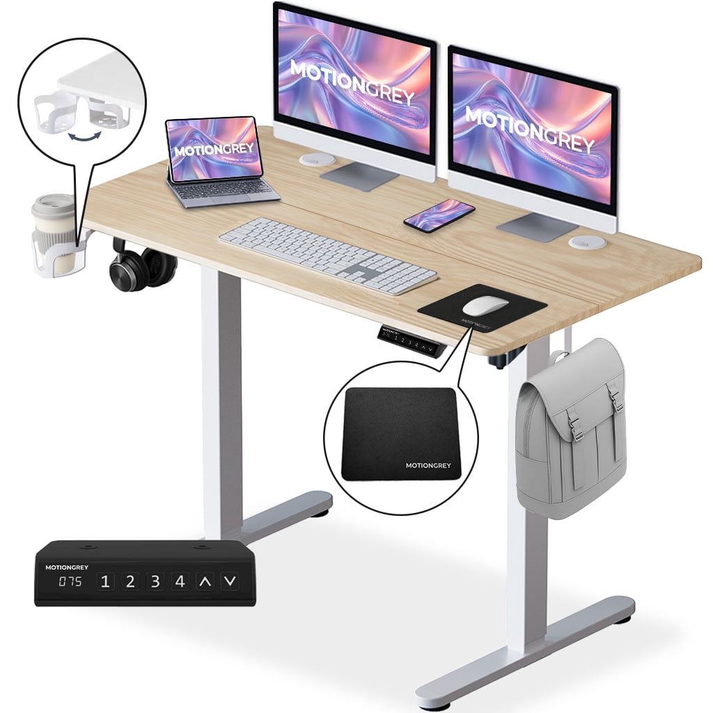 MotionGrey - Ergo2 Adjustable Electric Standing Desk with Memory Settings - 43" x 24" Light Brown Top White Frame - Ergonomic Desk for Home and Office