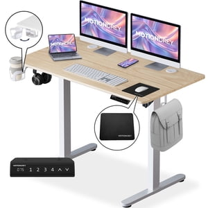 MotionGrey - Ergo2 Bureau électrique réglable avec paramètres de mémoire - 43" x 24" Cadre blanc supérieur brun clair - Bureau ergonomique pour la maison et le bureau