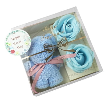 Unique Mother's Day Gift Set with Towel Bear, Soap Flowers, and Transparent Gift Box