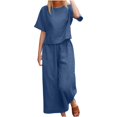 thumbnail image 1 of Womens Pants Suit Round Neck Short Sleeve Solid Color Tops Wide Leg Pants Ladies Summer Casual Pants Set, 1 of 4