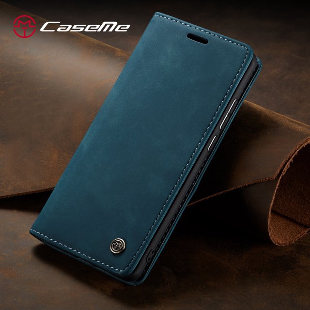 CaseMe Wallet Case Anti-Fall Retro Handmade Leather Magnetic Case Card Slot for iPhone 13 Pro Max (Blue)