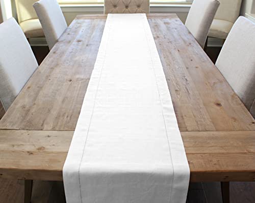 cleverDelights White Linen Hemstitch Table Runner - 16 x 90 - 100% Linen