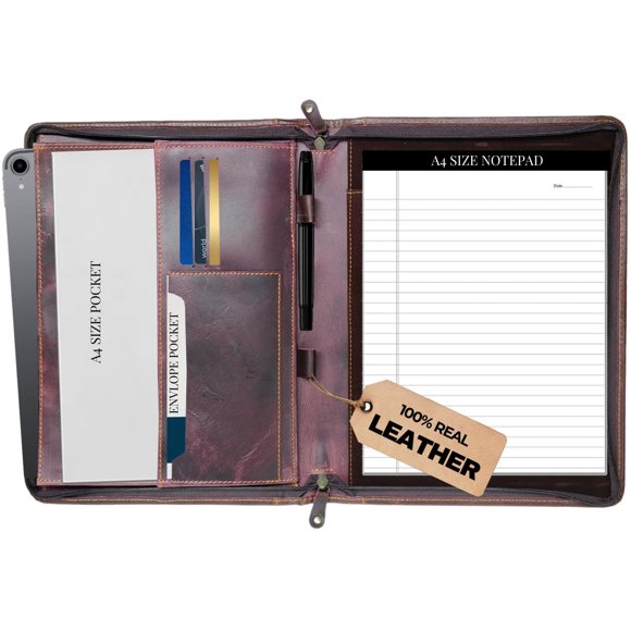 Genuine Leather Professional Padfolio Portfolio - Resume Folder with Luxury Pen, Stylish Document Folio for Letter Size Writing Pad with Business Car