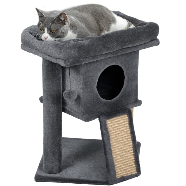PawHut Cat Tree , Petite Tour pour Chat avec Perchoir, Poteau à Griffer, Gris Foncé. Meuble Idéal pour Chat avec Perchoir Recouvert de Peluche, Maison Privée pour Chat et Tapis à Griffer en jute. Comprend une Balle Jouet et Plusieurs Niveaux pour Grimper et Jouer. Dimensions : 15,7 Pouces L x 15,7 Pouces L x 22,4 Pouces H. Convient aux Chats de Moins de 10 Lb.