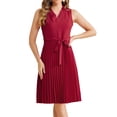 thumbnail image 2 of Unique Bargains Robe Plissée pour Femmes Sans Manches Col en V Ceinture Robe Midi Bordeaux S, 2 of 6