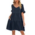 thumbnail image 2 of Robes d'Été pour Femmes 2023 Mode Midi Femmes Robe d'Été Col en V Robe de Poupée Couleur Unie Robe Plissée à Trois Couches Robes de Soirée pour Femmes Élégantes et Élégantes en Liquidation, 2 of 6