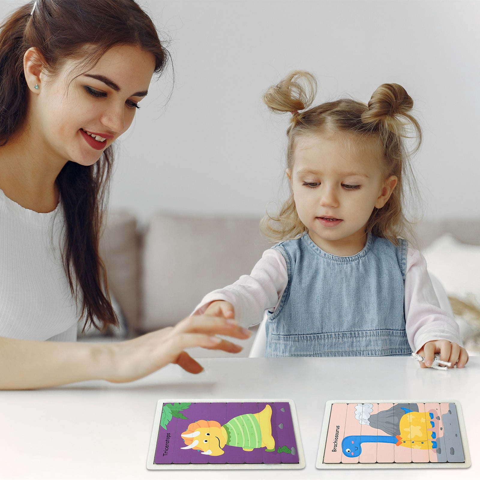 TIMIFIS Woods Puzzle Children's Creatives Strip Puzzle Wooden Dinosaur Animals Pattern Cognition Kindergarten Early Education Puzzle Mobile Puzzle Board Education