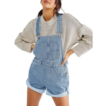 Faithtur Salopette Courte en Denim pour Femmes à Bretelles Ajustables avec Poches, Short Décontracté à Revers