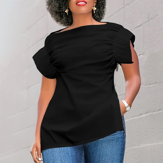 Jusqu'à 50 % de Réduction, T-shirt Blouse Décontractée à Manches Courtes Bouffantes Col Rond pour Femmes avec Fermeture Éclair pour l'Été et Usage Quotidien Confortable et Supportant 95 % Polyester, 5 % Spandex, Noir, Sopatenor