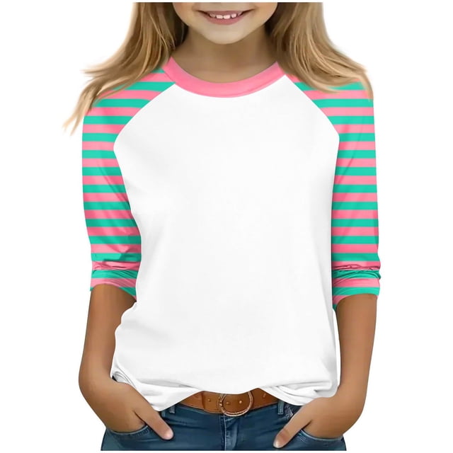 SERTG T-Shirt Mode Enfant Col Rond Manches 3/4 Imprimé Col Rond pour Été et Printemps 4-15 Ans (Blanc4,13 Ans)