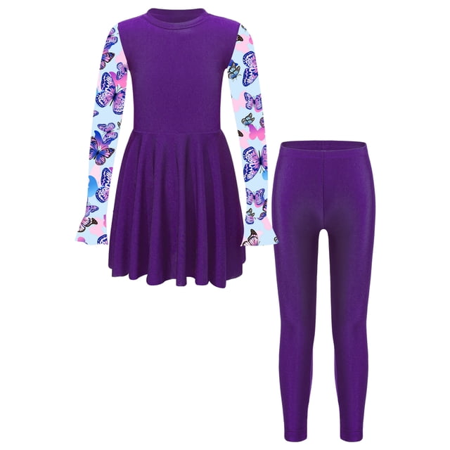 RUNQHUI Kids Girls UPF 50+ Rash Guard Swimsuits 2 Pieces Long Sleeves Dress with Pants Set Purple 12