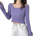 thumbnail image 2 of JDQJBZ Summer Womens Tops,Tops For Women Trendy Ruffle Slim Off Shoulder Crop Knit Long Sleeve Top For Spring Summer, 2 of 5