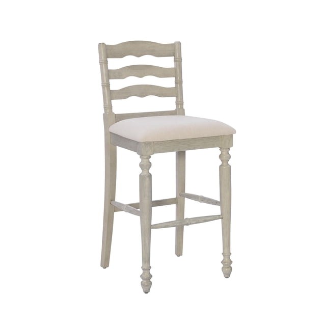 Hunter Tabouret de bar Whitewash avec Cadre en Bois Franc Massif, Fini Blanc antique, Doté d'Un Dossier en Échelle Courbé, de Pattes Tournées et de Rampes en Bois. le Siège Est Rembourré de Tissu Tissé en Lin Neutre. Convient aux Hauteurs de bar de 41 à 43 Pouces et Idéal pour les Sièges de Cuisine Ou de pub.