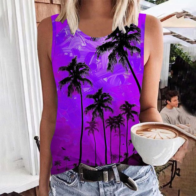 lSLJS Women Floral Printing Tank Round-Neck Sleeveless Block Tunic Tee Tops, Womens Tank Tops