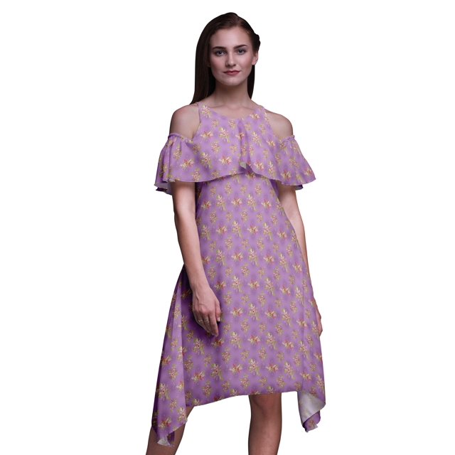 Bimba Purple Floral Printed Womens Ruffle Front Cold Shoulder Swing Shift Dress - Medium
