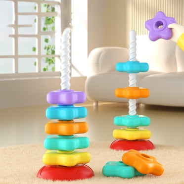 Rainbow Stacking Rings Tower with Rotating Base, Baby Developmental Toy 6-12 Months, BPA-Free Teething Sensory Learning Color Recognition Toys for Boys Girls