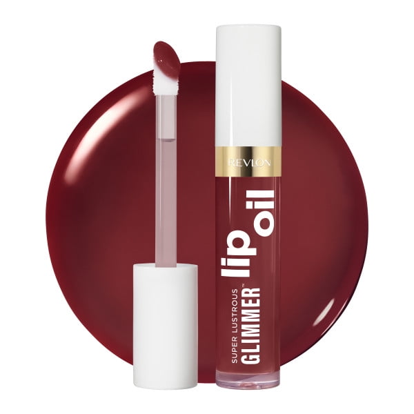 Super Lustrous Glimmer™ Lip Oil moisturizing lip oil in a clear tube with white cap and gold band, deep red shade visible inside, angled applicator wand showing red lip oil, set against a glossy red lip oil smear, suitable for hydrating and smoothing lips