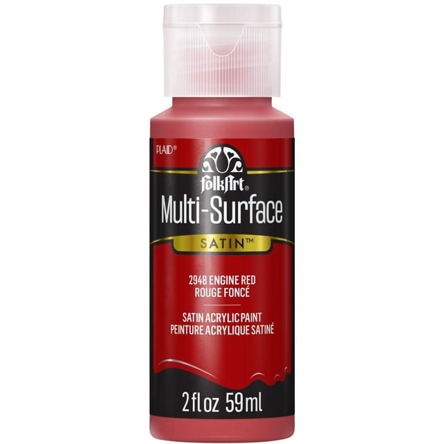 FolkArt Multi-Surface Satin Acrylic Paint 2 fl. oz. in Engine Red, a plastic bottle with flip-top cap containing satin finish acrylic craft paint suitable for wood, glass, fabric, and more, ideal for indoor and outdoor use.