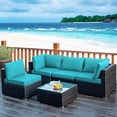 thumbnail image 3 of Costway 5PCS Patio Rattan Furniture Set Cushioned Sofa Chair TeaTableTurquoise, 3 of 10