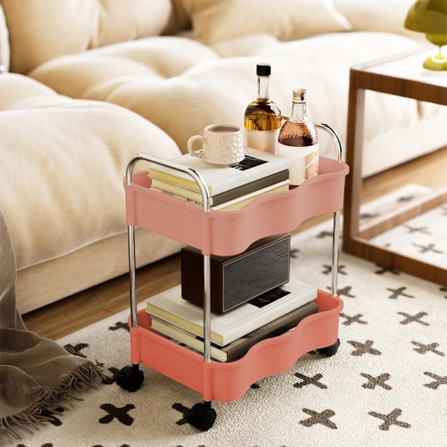 Feltree 2-Tier Rolling Storage Cart with Armrests and Wheels, Multi-Purpose Kitchen Bathroom Living Room Organizer, Sturdy Plastic Utility Cart for Easy Mobility and Storage