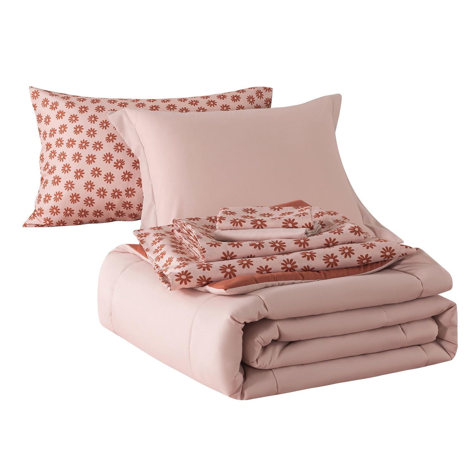 Mainstays – Ensemble de literie tout-en-un réversible avec couette et draps, 5 pièces, format simple très grand (Twin XL), rose blush