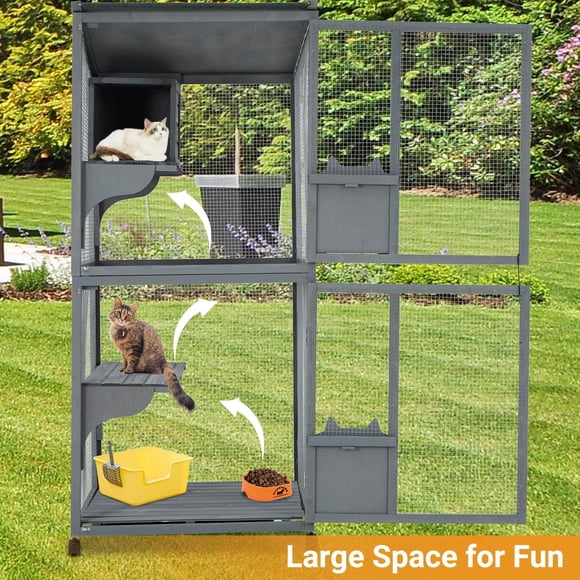 EDTara Outdoor Cat Catio With Weatherproof Roof, Wooden Resting House, 4-Tier Climbing Platforms and Locking Wheels, Large Cat Enclosure for Multiple Cats, Patio, Garden and Backyard
